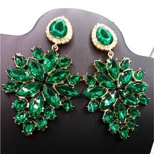 Green Crystal Leaf Statement Earrings Gold Tone Large Dangle Post Back